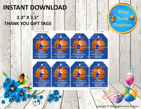 Baby Shower Baby Boy Basketball Blue & Orange Uniform Design #01  -Thank You Tags 8 Count - Instant Download