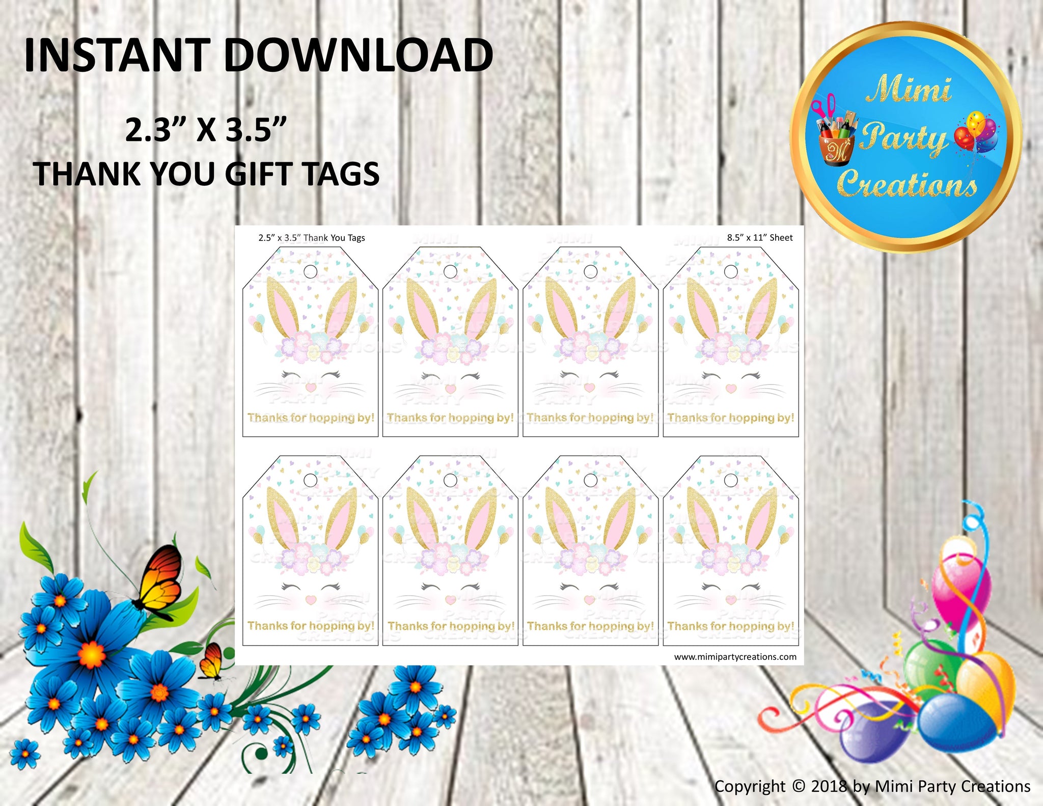 Cute Bunny Face Design #01 -Thank You Tags 8 Count - Instant Download