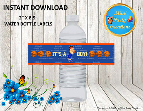 Baby Shower Water Bottle Labels - Baby Boy Basketball Blue & Orange Uniform (It's A Boy!) Design #01