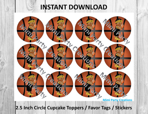 Basketball Boy with Black and Gold Uniform Darkjet  - Cupcake Toppers / Favor Tags / Stickers