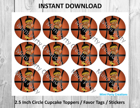 Basketball Boy with Black and Gold Uniform Dark Curly Hair - Cupcake Toppers / Favor Tags / Stickers