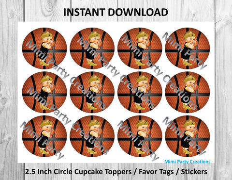 Basketball Boy with Black and Gold Uniform Light Blonde Hair - Cupcake Toppers / Favor Tags / Stickers