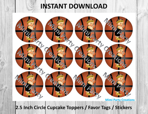 Basketball Boy with Black and Gold Uniform Light Brunette Hair - Cupcake Toppers / Favor Tags / Stickers