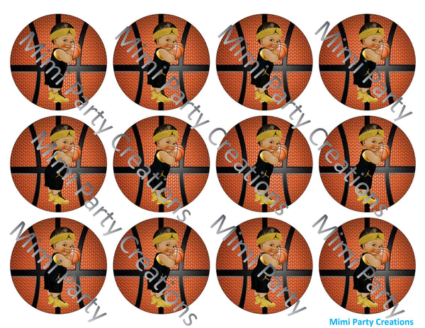 Basketball Boy with Black and Gold Uniform Medium Brunette Hair - Cupcake Toppers / Favor Tags / Stickers