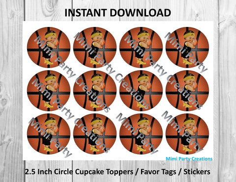 Basketball Boy with Black and Gold Uniform Medium Brunette Hair - Cupcake Toppers / Favor Tags / Stickers