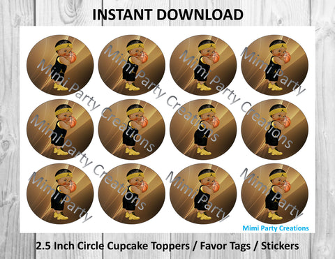Boy Basketball Black & Gold Darkjet Hair #02 - Cupcake Toppers / Favor Tags / Stickers
