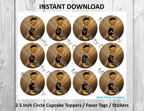 Boy Basketball Black & Gold Dark Curly Hair #01 - Cupcake Toppers / Favor Tags / Stickers