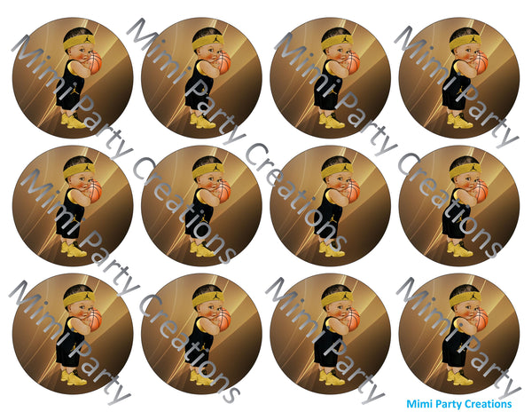 Boy Basketball Black & Gold Medium Brunette Hair #05 - Cupcake Toppers / Favor Tags / Stickers