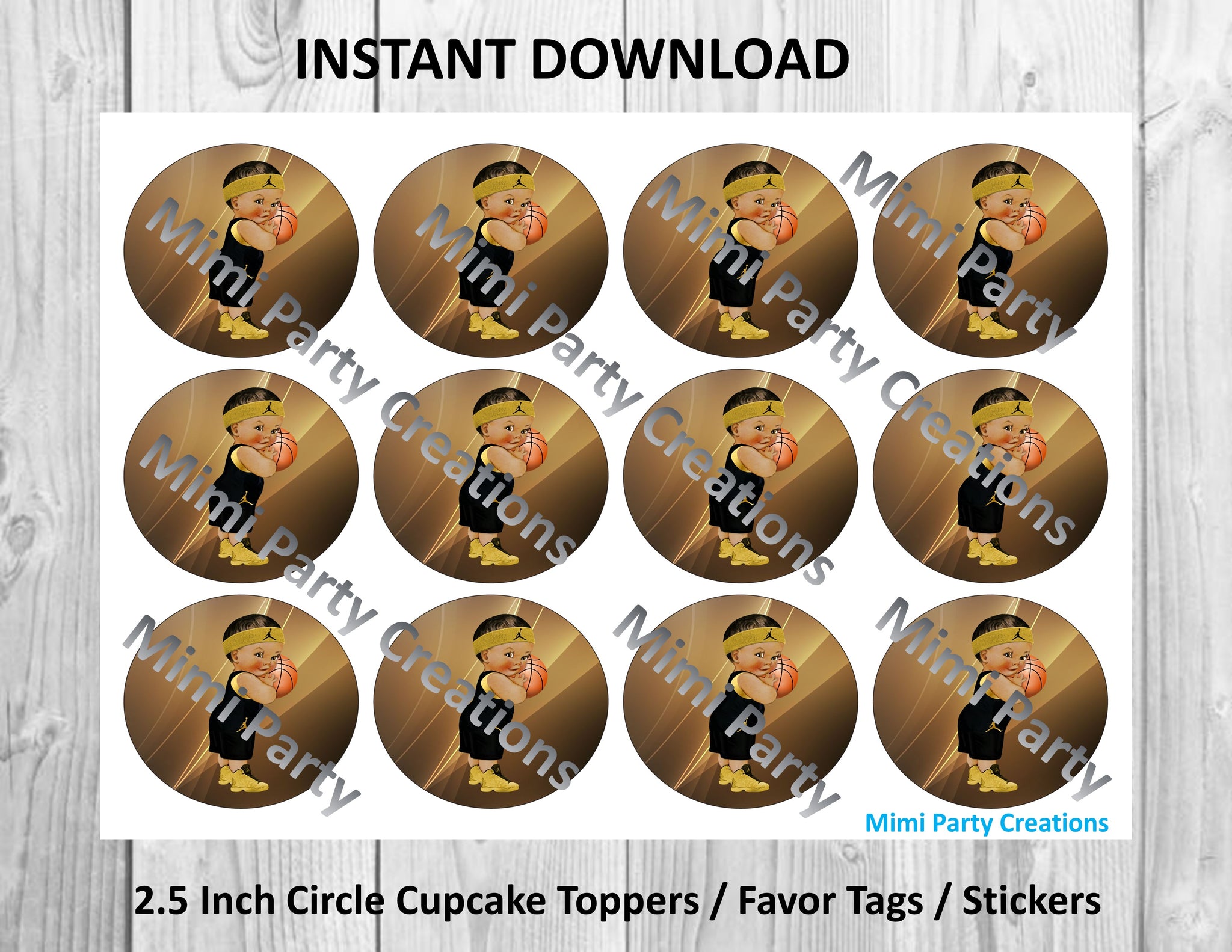 Boy Basketball Black & Gold Medium Brunette Hair #05 - Cupcake Toppers / Favor Tags / Stickers