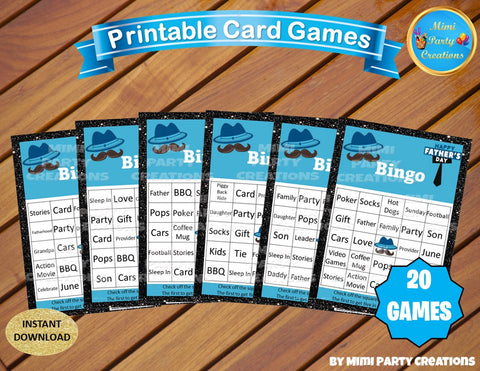 Father's Day Printable Bingo Games - Blue & Black Glitter - Instant Download