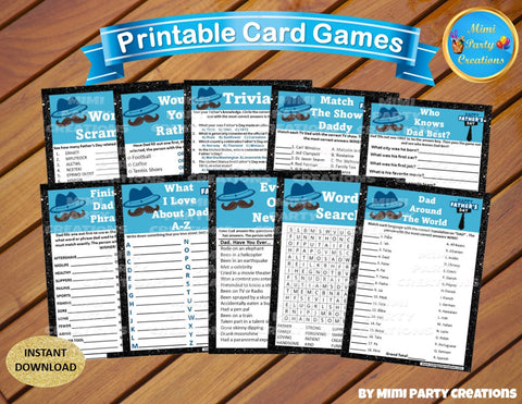 Father's Day Printable Games Bundle - Blue & Black Glitter - Instant Download