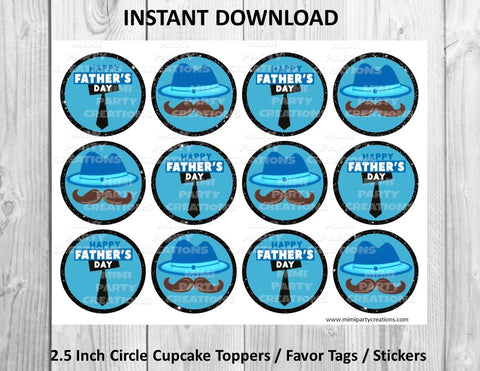 Happy Father's Day Blue - Cupcake Toppers / Favor Tags / Stickers - Instant Download