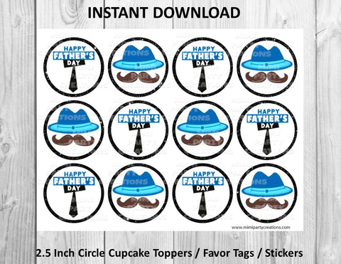 Happy Father's Day White - Cupcake Toppers / Favor Tags / Stickers - Instant Download