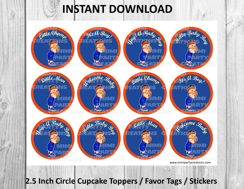 Baby Shower Baby Boy Basketball Blue & Orange Uniform Design #1 - Cupcake Toppers / Favor Tags / Stickers