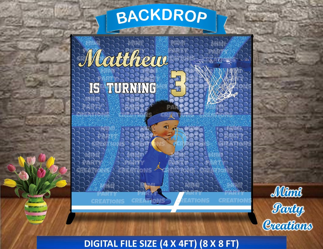 Basketball Baby Boy Blue/Gold Birthday Backdrop - Digital File Only