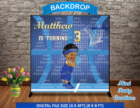 Basketball Baby Boy Blue/Gold Birthday Backdrop - Digital File Only