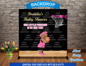 Our Little Princess Is On Her Way! Basketball Baby Girl Black/Pink (Black Background) Baby Shower Backdrop - Digital File Only