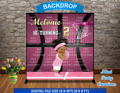 Basketball Baby Girl Pink/Gold Birthday Backdrop 01 - Digital File Only