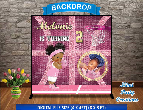 Basketball Baby Girl Pink/Gold Photo Birthday Backdrop 02 - Digital File Only