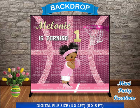Basketball Baby Girl Pink/Gold Birthday Backdrop 02 - Digital File Only