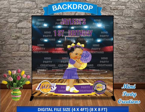 Little Girl Basketball Cheerleader Purple & Yellow Uniform Birthday / Baby Shower Backdrop - Digital File Only