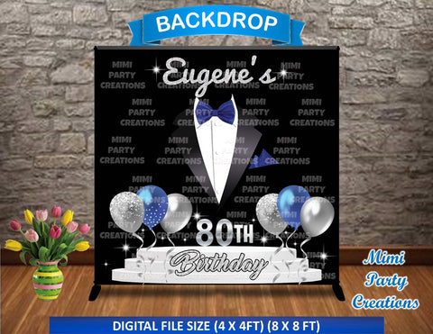 Gentlemen's Tuxedo Black/Blue/Silver Birthday Backdrop - Digital File Only