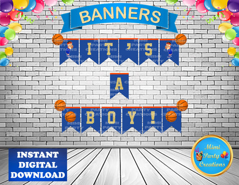 Baby Boy Basketball Blue & Orange Uniform #2 (It's A Boy!) Digital Baby Shower Banner
