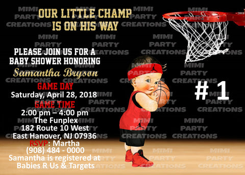 (Our Little Champ Is On His Way!) Basketball Baby Shower #01 Red/Black Uniform - 5 x 7 Baby Shower Invitation - Digital Download