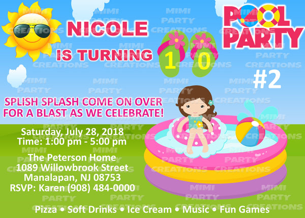 Pool Party (Girl Theme) - 5 x 7 Birthday Invitation - Digital Download