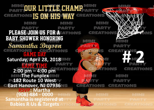 (Our Little Champ Is On His Way!) Basketball Baby Shower #01 Red/Black Uniform - 5 x 7 Baby Shower Invitation - Digital Download