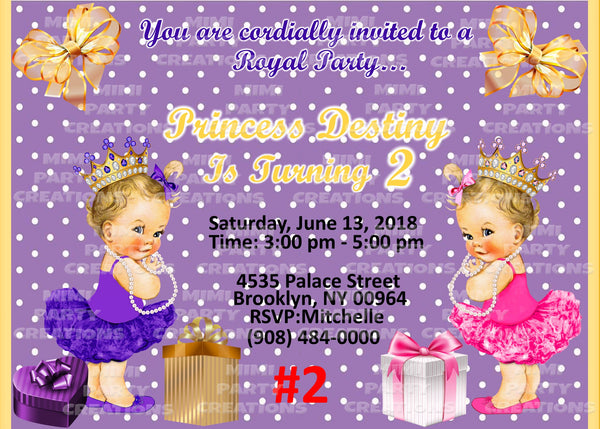 Princess Ballerina Hot Pink & Royal Purple - 5 x 7 Birthday Invitation - Digital Download