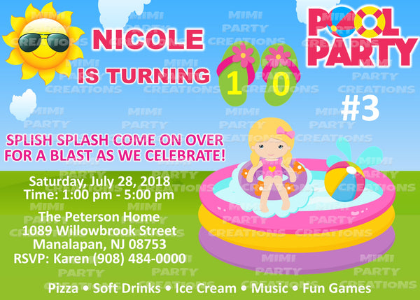 Pool Party (Girl Theme) - 5 x 7 Birthday Invitation - Digital Download