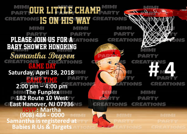 (Our Little Champ Is On His Way!) Basketball Baby Shower #01 Red/Black Uniform - 5 x 7 Baby Shower Invitation - Digital Download