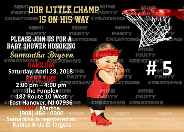 (Our Little Champ Is On His Way!) Basketball Baby Shower #01 Red/Black Uniform - 5 x 7 Baby Shower Invitation - Digital Download