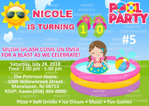 Pool Party (Girl Theme) - 5 x 7 Birthday Invitation - Digital Download