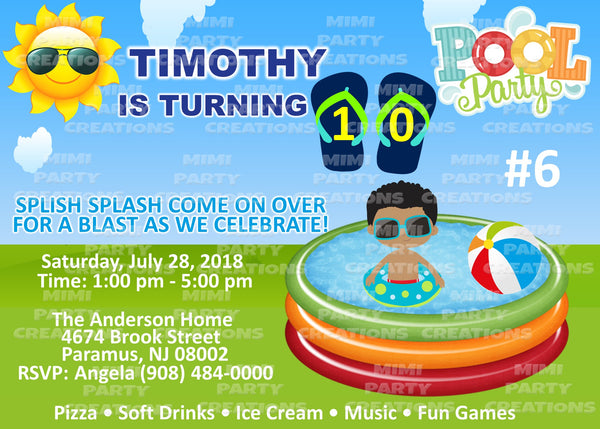 Pool Party (Boy Theme) - 5 x 7 Birthday Invitation - Digital Download