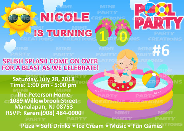 Pool Party (Girl Theme) - 5 x 7 Birthday Invitation - Digital Download