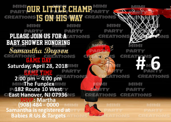 (Our Little Champ Is On His Way!) Basketball Baby Shower #01 Red/Black Uniform - 5 x 7 Baby Shower Invitation - Digital Download