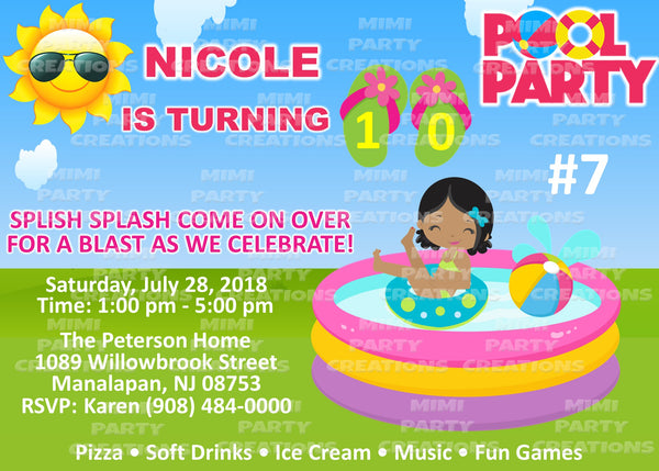 Pool Party (Girl Theme) - 5 x 7 Birthday Invitation - Digital Download