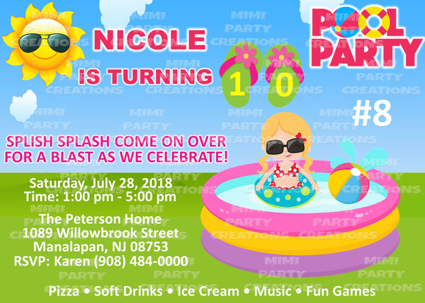 Pool Party (Girl Theme) - 5 x 7 Birthday Invitation - Digital Download